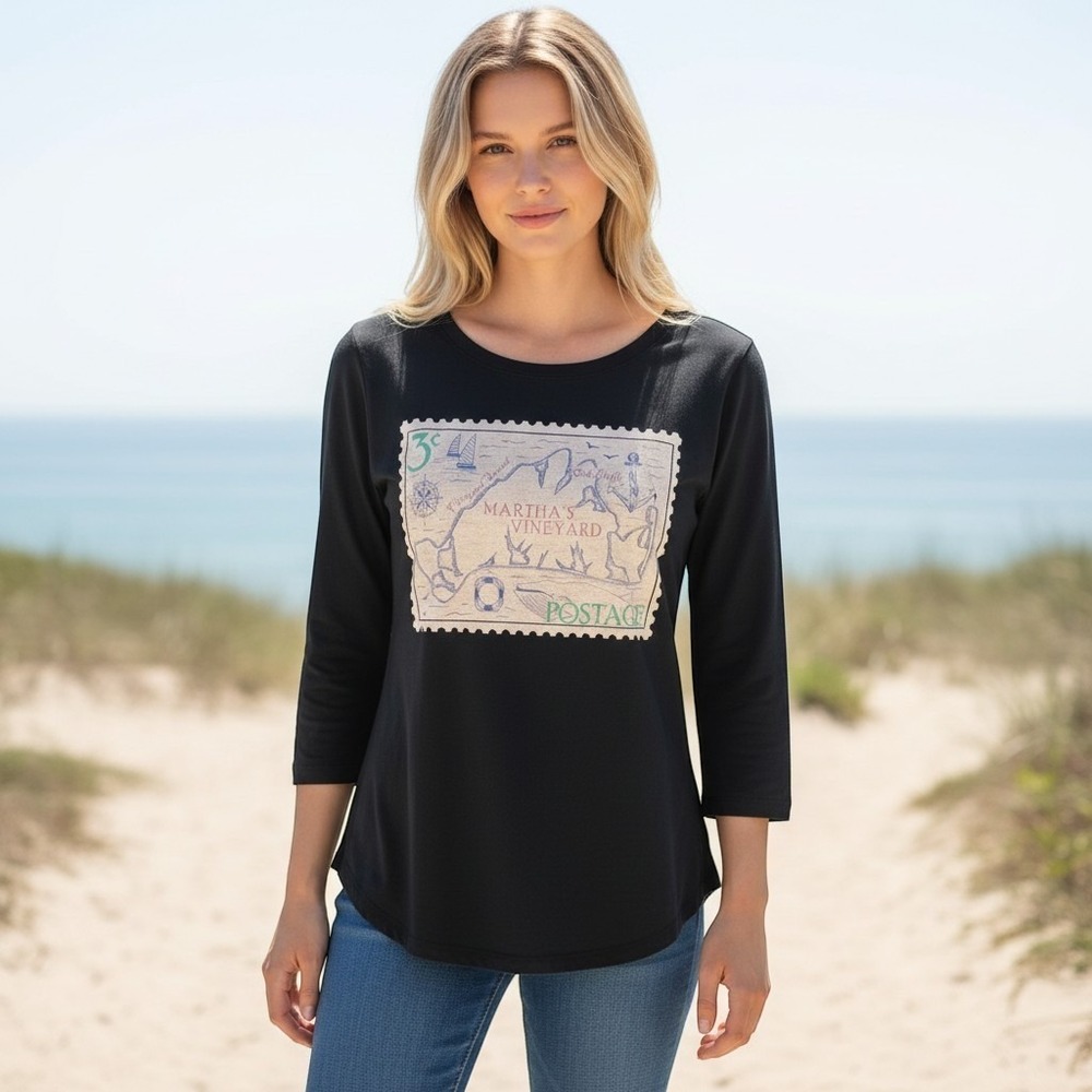 Talbots New England Stamp Tee Martha's Vineyard Map Blue Cotton PS Petite Small